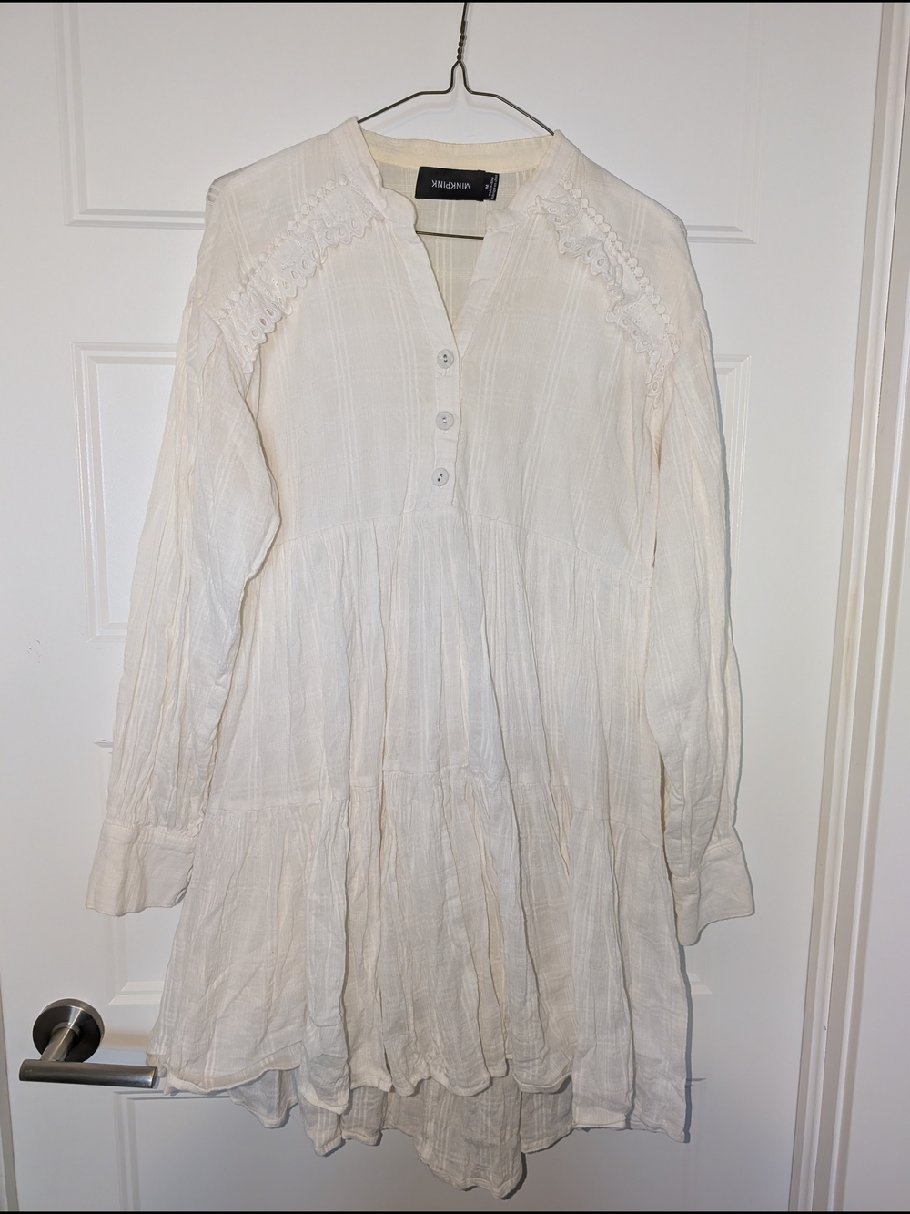 MINKPINK Cream Button-Front Cotton Tiered Midi Dress